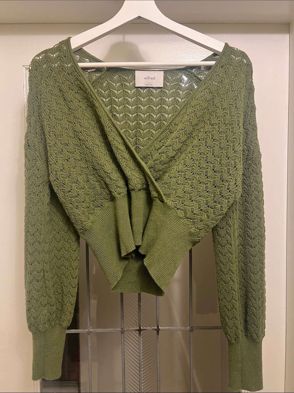 Wilfred Olive Green V‑Wrap Cropped Knit Cardigan